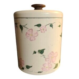 Vintage Ransburg Metal Canister Beige w/ Pink Flowers Wood Knob -Rare